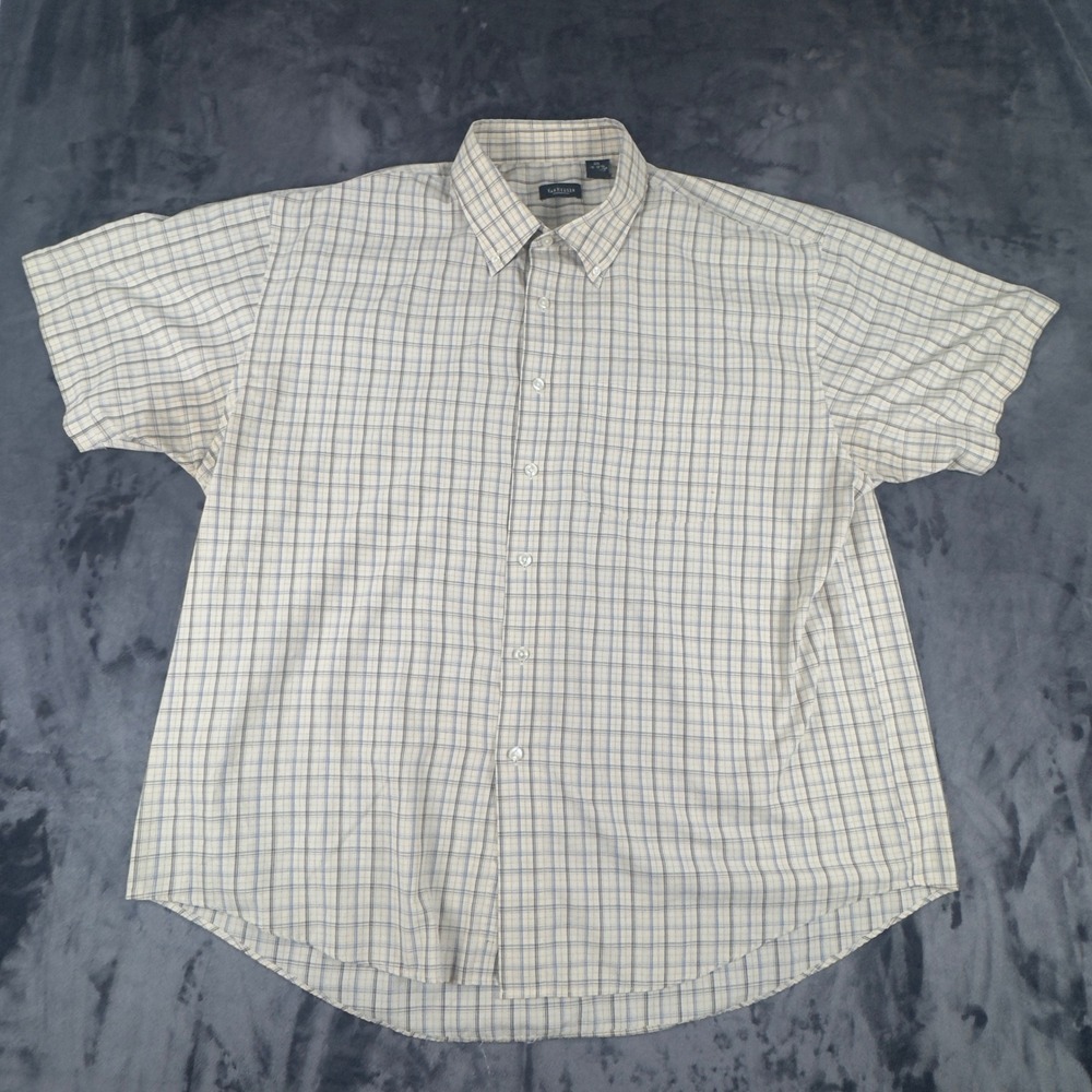 Van Heusen Button Down Shirt Mens XXL Beige Blue Plaid Short Sleeve Pocket